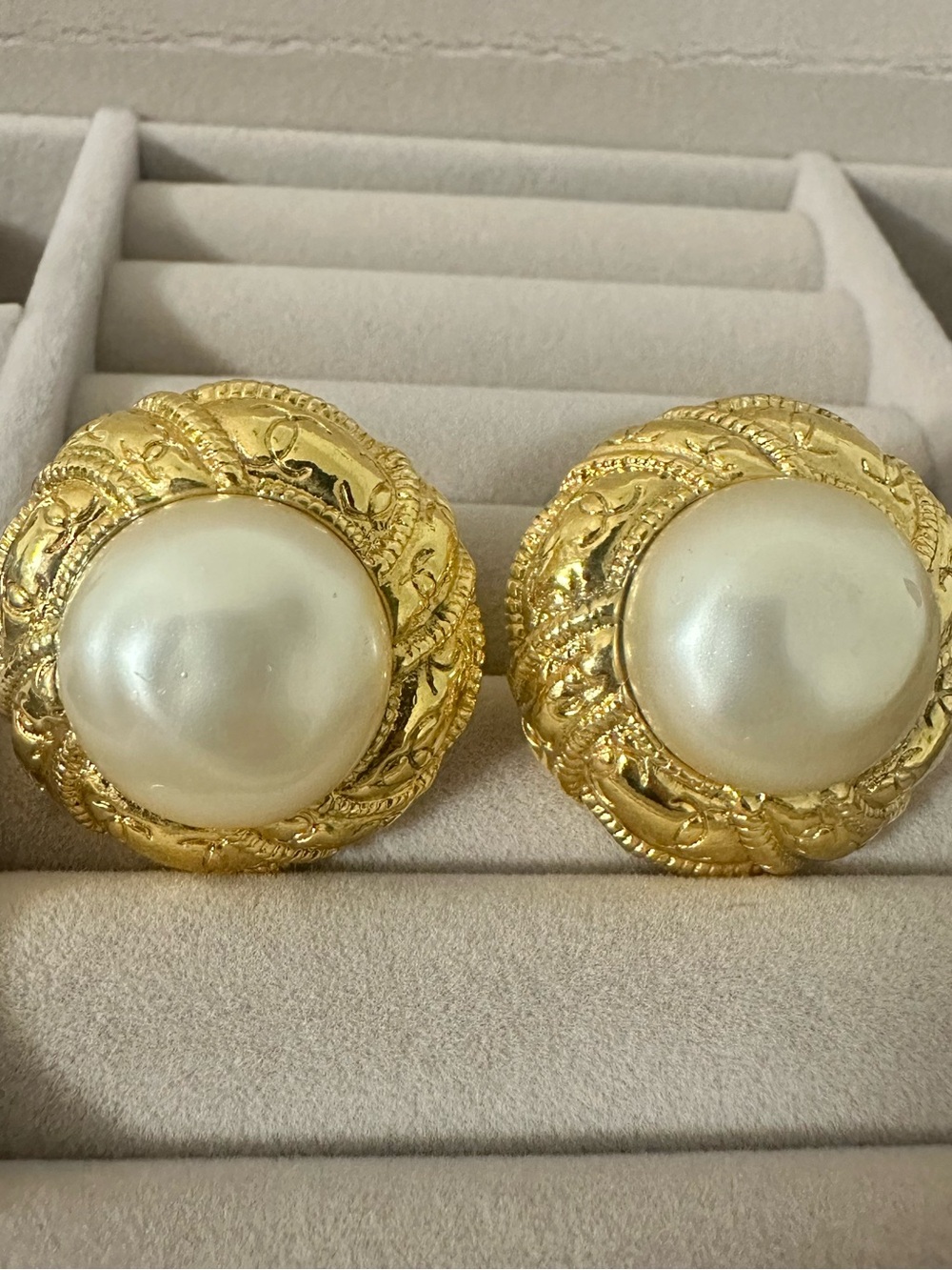 CHANEL Gold-Tone Button Earrings with Cream Faux Pearls